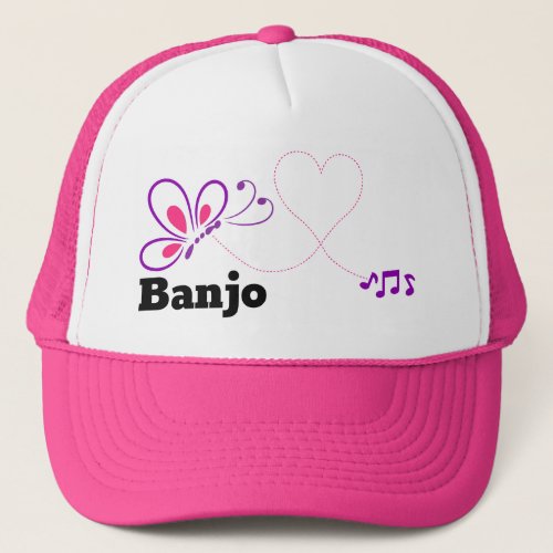 Love Banjo Pink Purple Butterfly Heart Music Notes Trucker Hat