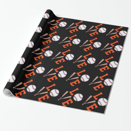 Love Baseball Orange  Black Wrapping Paper