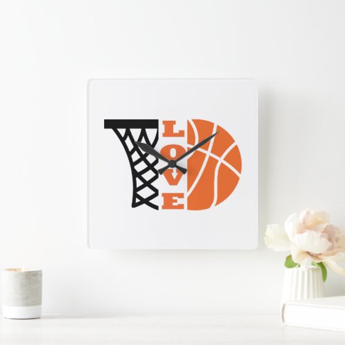 Love Basketball hoop and orange ball Square Wall Clock