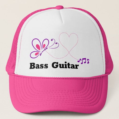 Love Bass Guitar Pink Purple Butterfly Heart Music Notes Trucker Hat