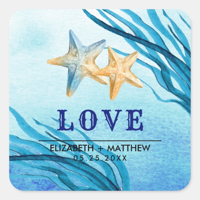 Love. Beach Starfish Custom Wedding  Square Sticker (Front)