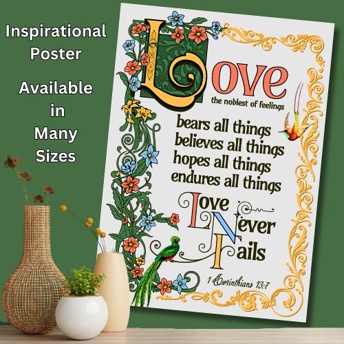 Love Bears All Things Never Fails Bible Verse Poem Poster