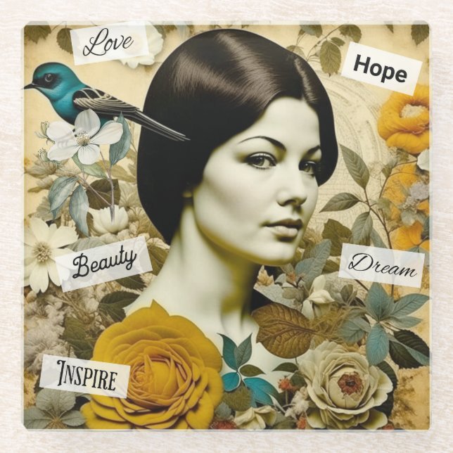Love, Beauty, Inspire, Dream and Hope Vintage Lady Glass Coaster (Front)