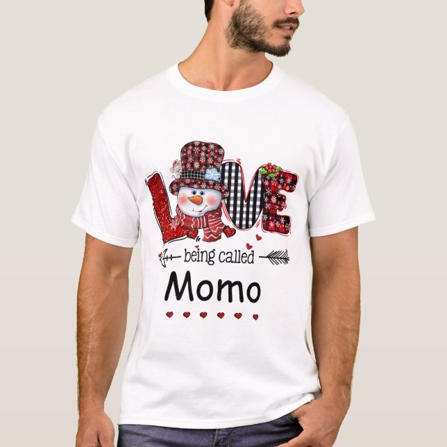 Love being called Momo Snowman Christmas Red Plaid T-Shirt (Front)