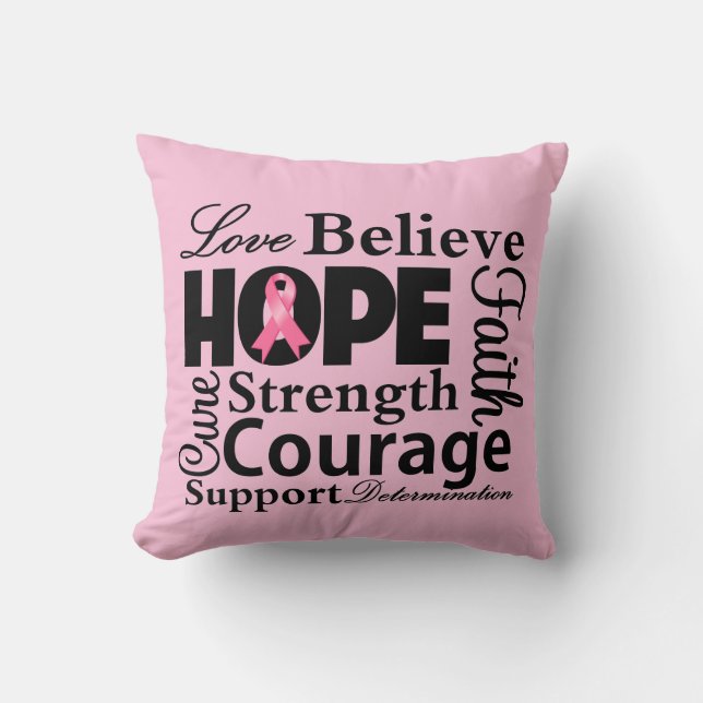 Love Believe Hope Typographic  - Breast Cancer Throw Pillow (Front)