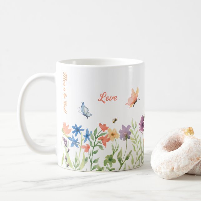 Love Best Mom Painted Spring Flowers Butterfly Bee Coffee Mug (With Donut)