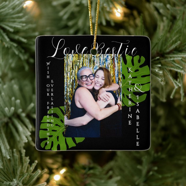 Love Bestie Friendship Foliage Black Ceramic Ornament (Tree)