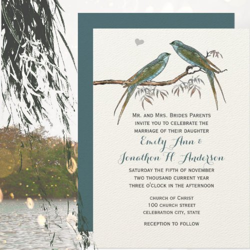 Love Bird Blue Green Forest Willow Grove Wedding  Invitation