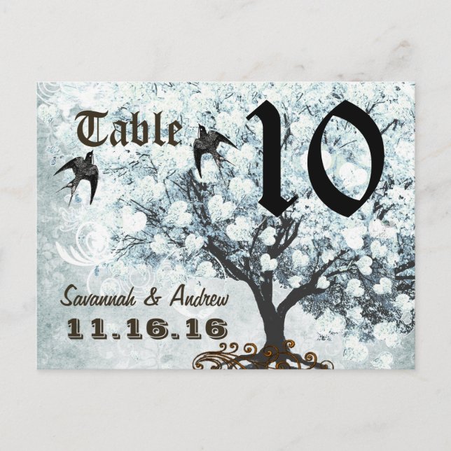 Love Bird Blue Table Number Heart Leaf Tree (Front)