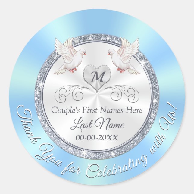 Love Bird Blue White Silver Wedding Favor Stickers (Front)