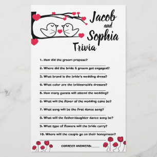 LOVE BIRD BRIDE & GROOM TRIVIA SHOWER GAME CARD FLYER