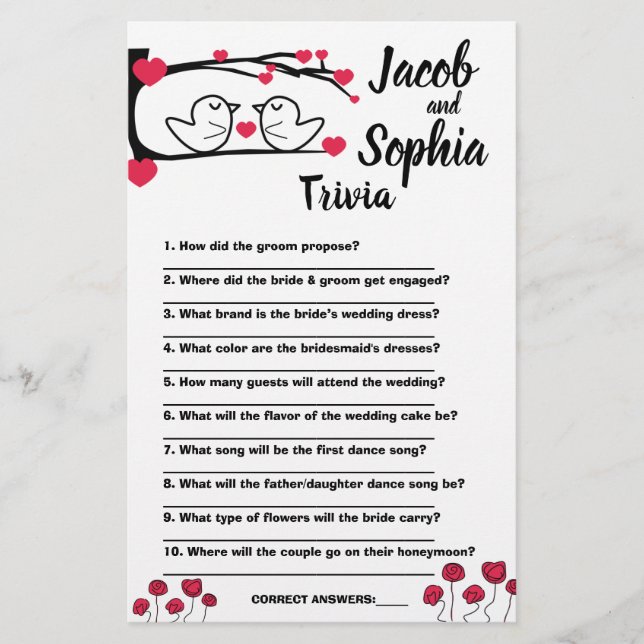 LOVE BIRD BRIDE & GROOM TRIVIA SHOWER GAME CARD FLYER (Front)
