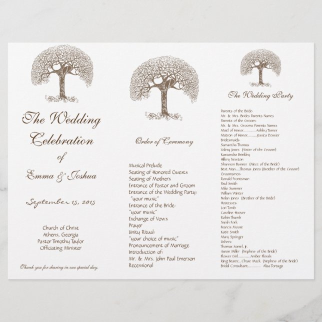 Love Bird Brown Swirl Tree TriFold Wedding Program (Front)