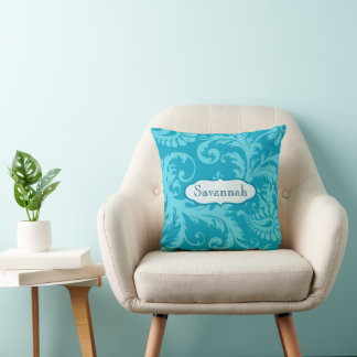 Love Bird Damask Bright Aqua Personalized Throw Pillow