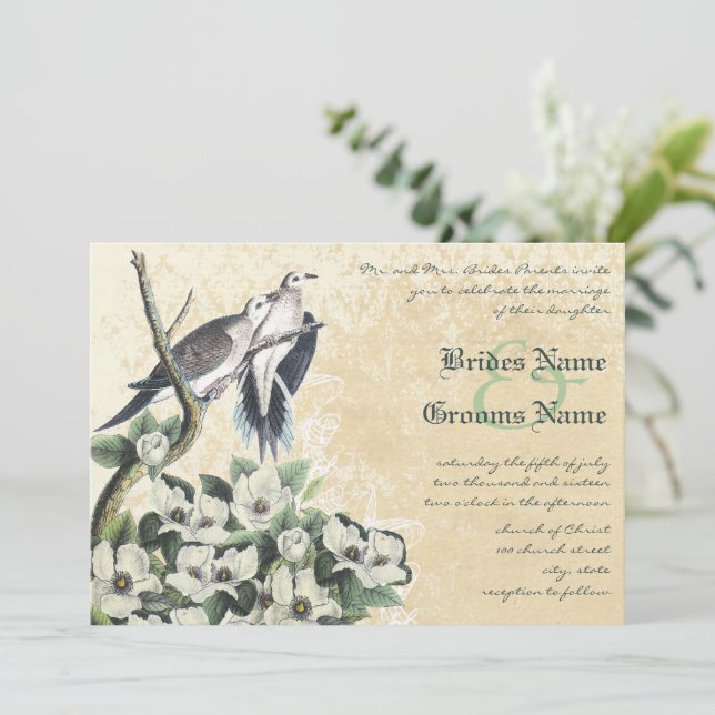 Love Bird Doves and Magnolia Wedding Invitations (Standing Front)