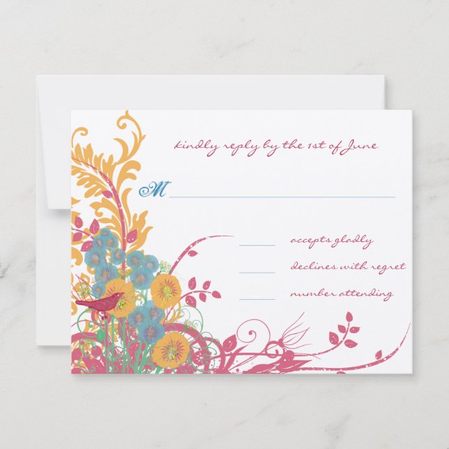 LOVE Bird Floral Pink and Blue Wedding RSVP Card (Front)