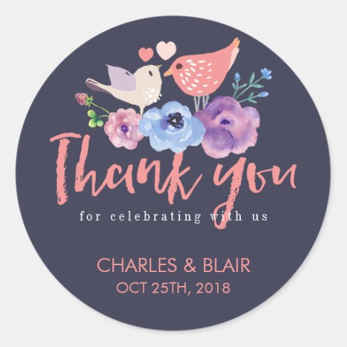 Love Bird Flower Thank You Script Wedding Sticker