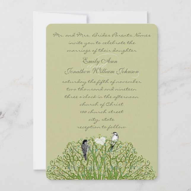 Love Bird Green Swirl Tree Wedding Invitation (Front)