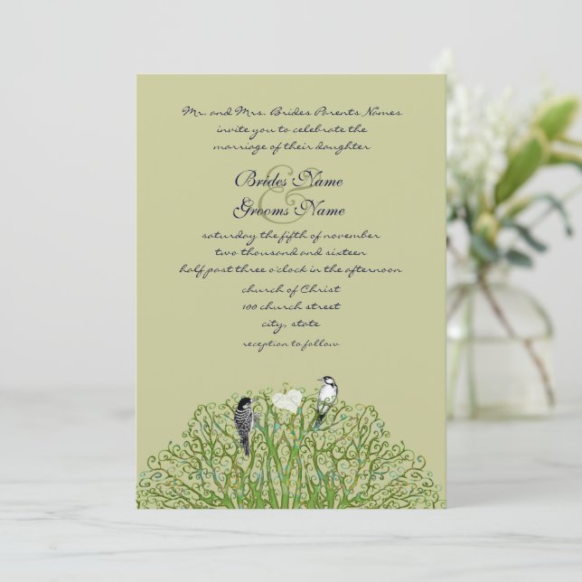 Love Bird Green Swirl Tree Wedding Invitation (Standing Front)