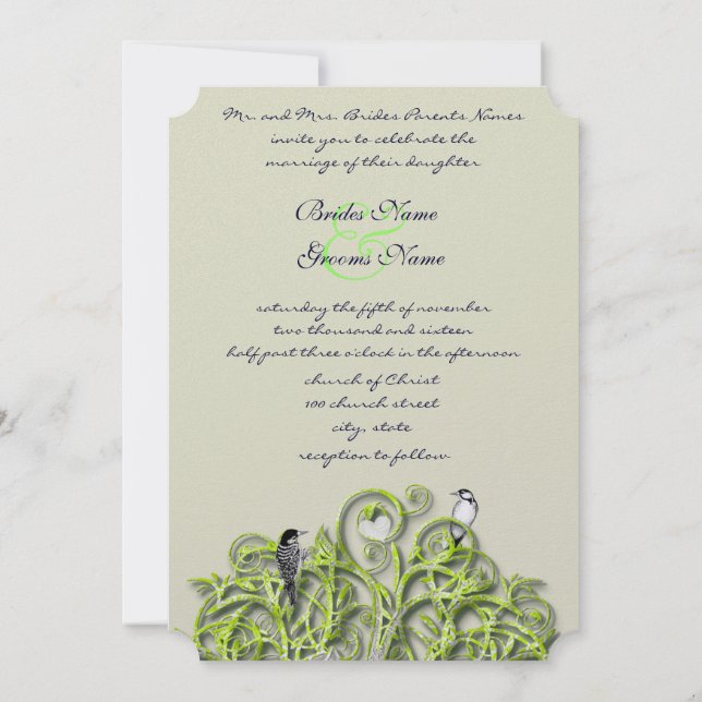 Love Bird Green Swirl Tree Wedding Invitation Felt (Back)