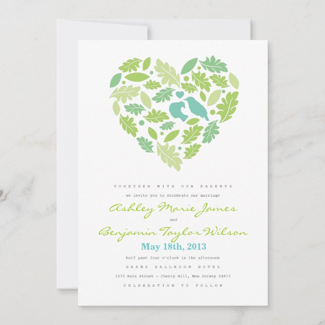 Love Bird Leaf and Heart Wedding Invitation (Front)
