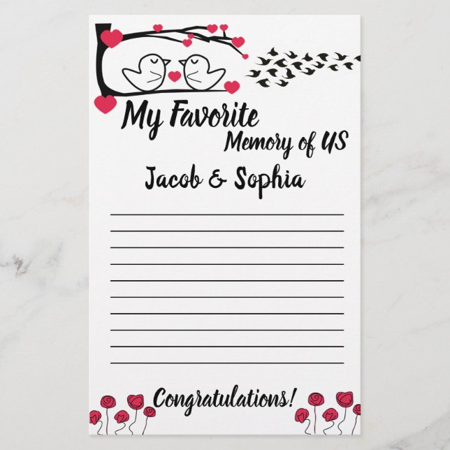 LOVE BIRD MY MEMORY BRIDAL SHOWER GAME CARD FLYER (Front)