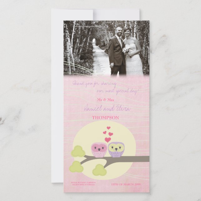 Love Bird Owls Thank You Wedding Photo Card (Front)