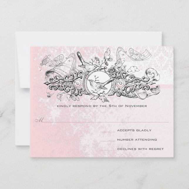 Love Bird Pink Musical Scroll Monogram RSVP (Front)