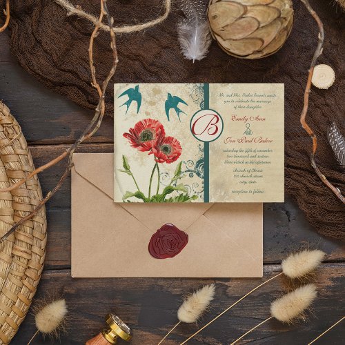 Vintage Birds Damask Poppy Wedding Invitation