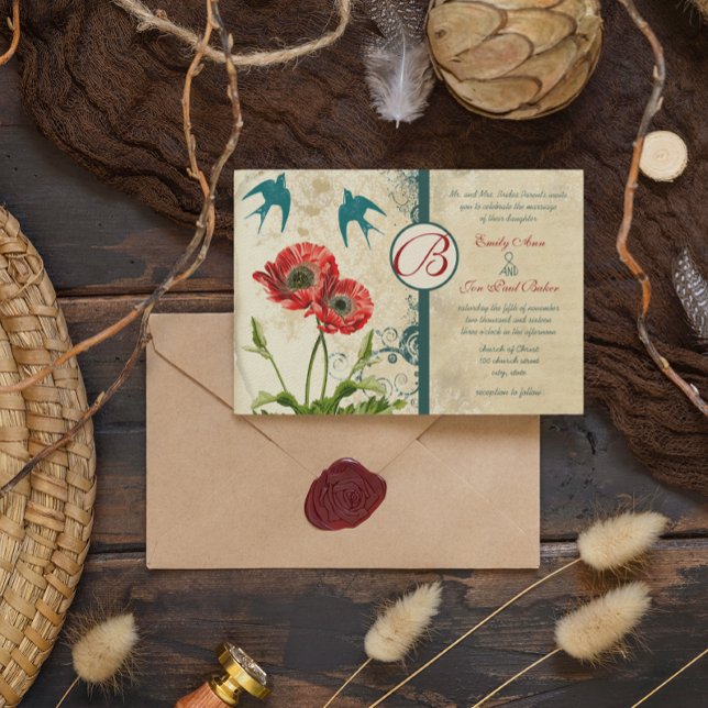 Love Bird Red Teal Lace Damask Poppy Wedding Invitation (Creator Uploaded)
