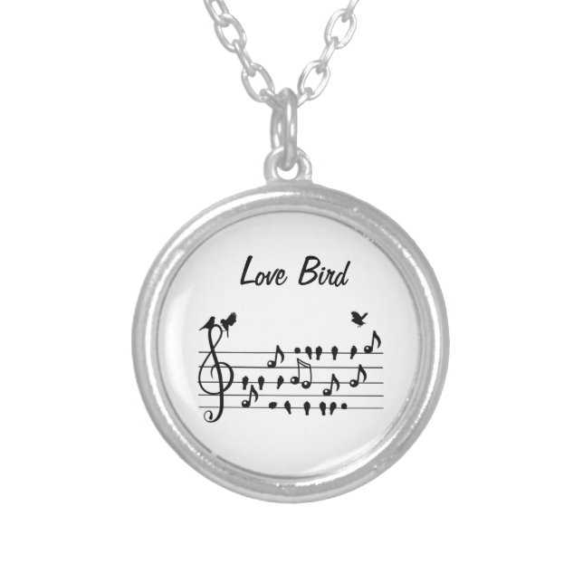 Love Bird Songbirds on Sheet Music Black White Art Silver Plated Necklace (Front)