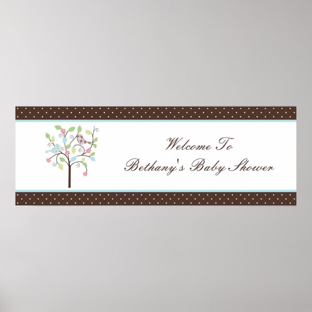 Love Bird Tree Polka Dots Baby Shower Banner Poster (Front)