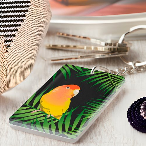 Love Bird Vibrant Yellow Black Tropical Leaves Pet Keychain