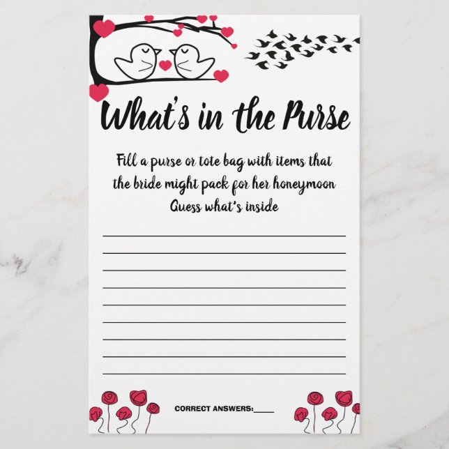 LOVE BIRD WHAT'S IN THE PURSE SHOWER GAME CARD FLYER (Front)