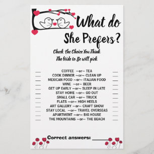Love Bird Would She prefer Bridal Shower Game Card Flyer