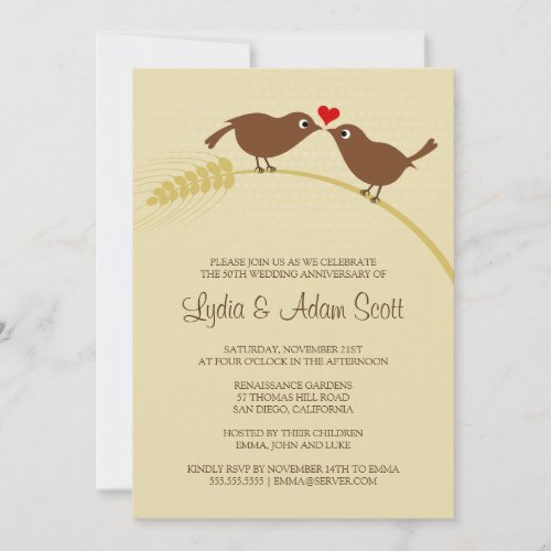 Love Birds On Wheat - Wedding Anniversary Invitations