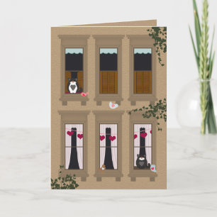 Love Birds and Cats Brownstone Windows Valentine Note Card