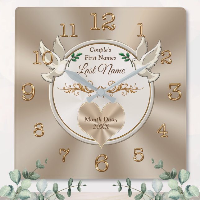 Love Birds and Heart Personalized Wedding Clock (Personalised bridal shower gift. Wedding clock gift. Taupe wall clock. Bridal shower gifts for bride)