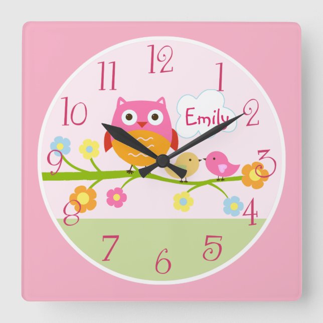 Love Birds and Owl on Branch Kid's Baby Clock (Front)