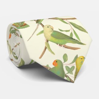 love birds  and parakeets in cream background neck tie