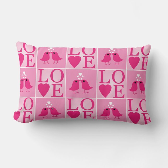 Love Birds and Pink Hearts Checked Lumbar Pillow (Front)
