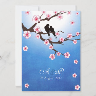 Love birds and Sakura - Blue Background Invitation