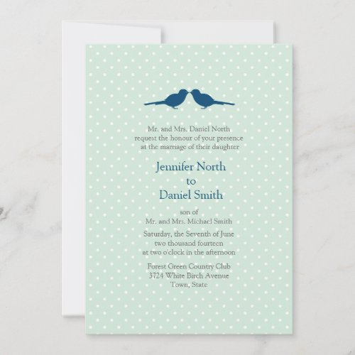 Love Birds And White Polka Dot Mint Wedding Invite