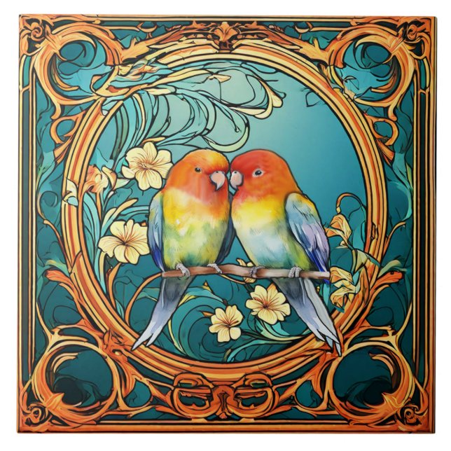 Love Birds Art Deco Nouveau Ceramic Tile (Front)