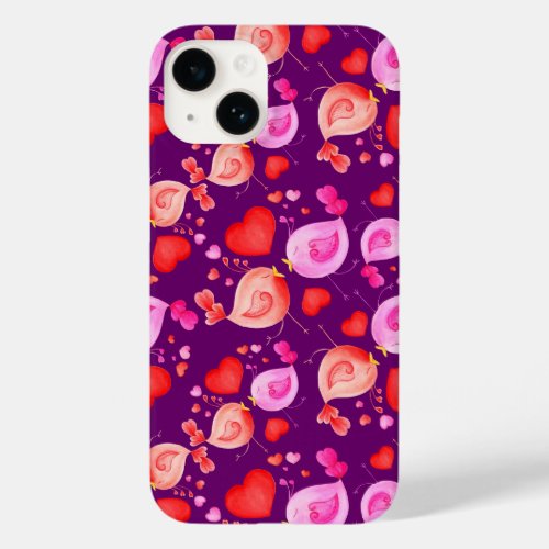 Love birds art hearts pink purple red Case_Mate iPhone 14 case