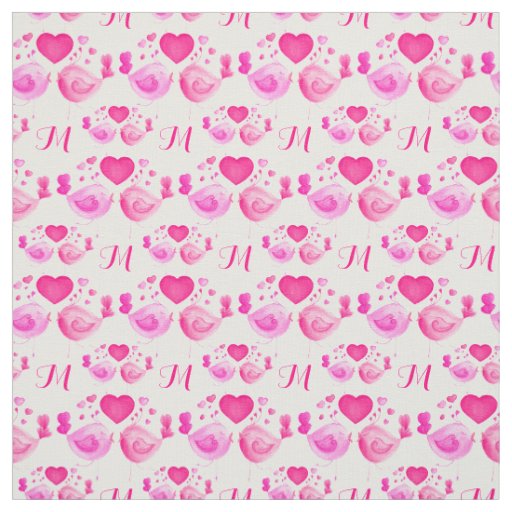 Love birds art monogram pink repeat pattern fabric