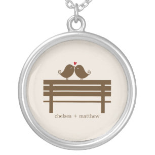 Love Birds Bench {red} Silver Plated Necklace