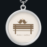 Love Birds Bench Silver Plated Necklace<br><div class="desc">Custom necklace features a beautiful vector illustration of two birds perched on a park bench. Personalize with your names,  monogram,  initials,  anniversary or wedding date.
 Graphics by Babystar Design</div>