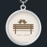 Love Birds Bench Silver Plated Necklace<br><div class="desc">Custom necklace features a beautiful vector illustration of two birds perched on a park bench. Personalize with your names,  monogram,  initials,  anniversary or wedding date.
 Graphics by Babystar Design</div>