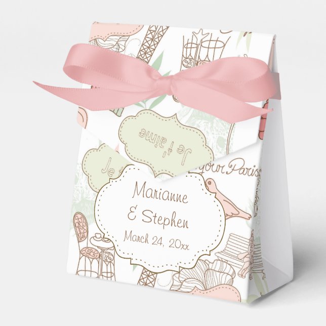 Love Birds Bird Cage Lovers in Paris Eiffel Tower Favor Boxes (Front Side)